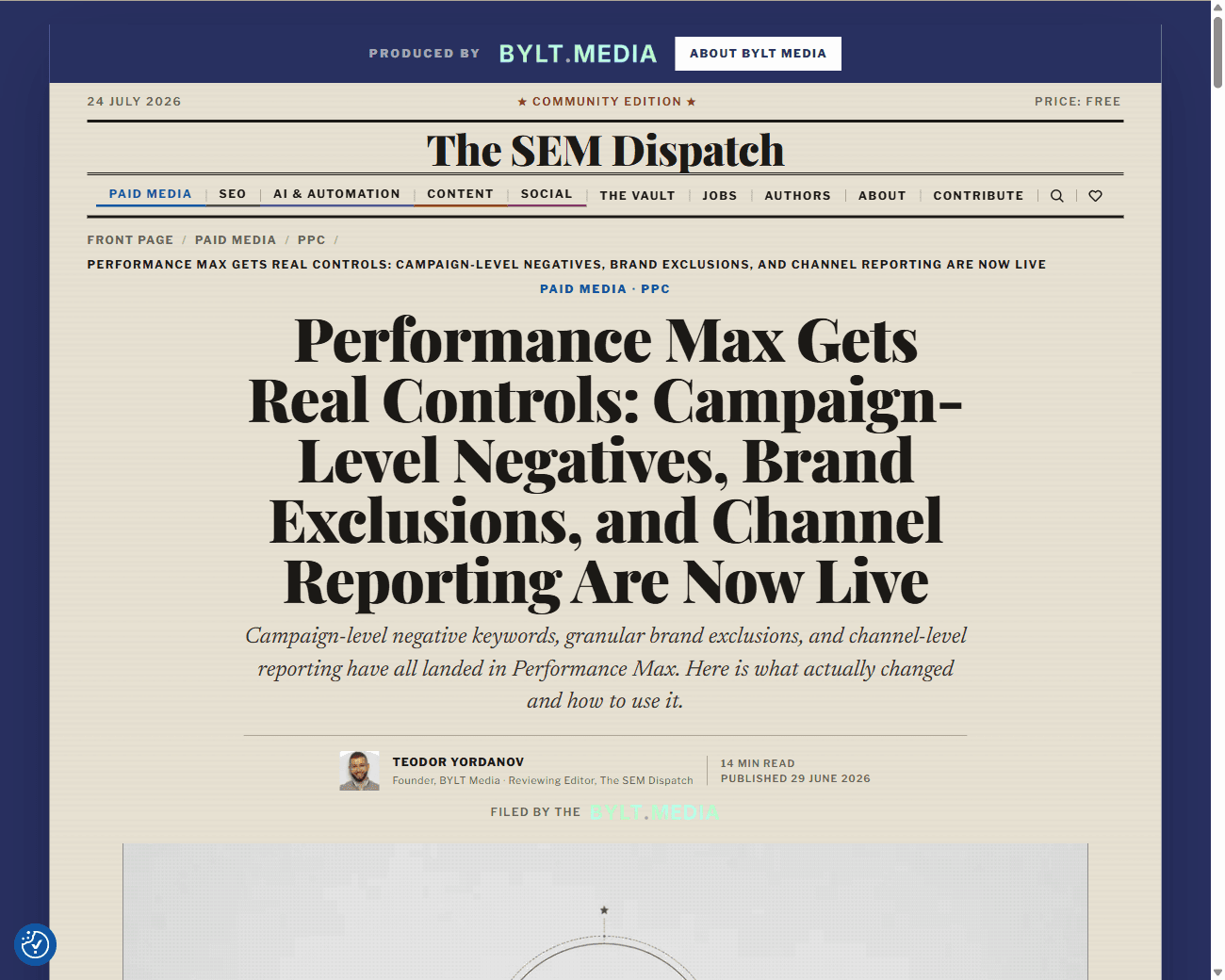 An author page on The SEM Dispatch, with a branded byline and bureau above the article