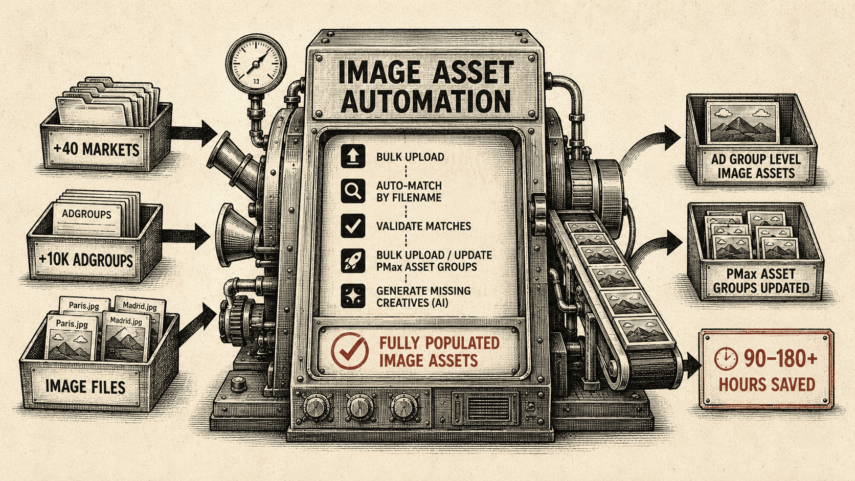 Conceptual illustration of an automated Google Ads and Snowflake image asset upload tool built with Claude Code