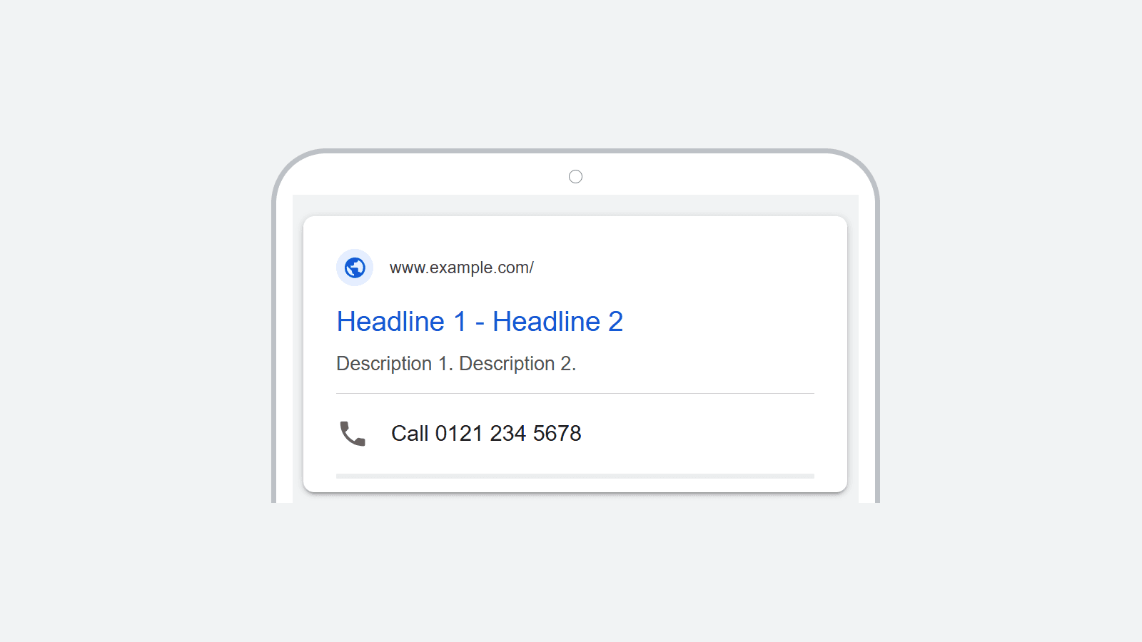 Example of a call asset showing below a Google Search Ad