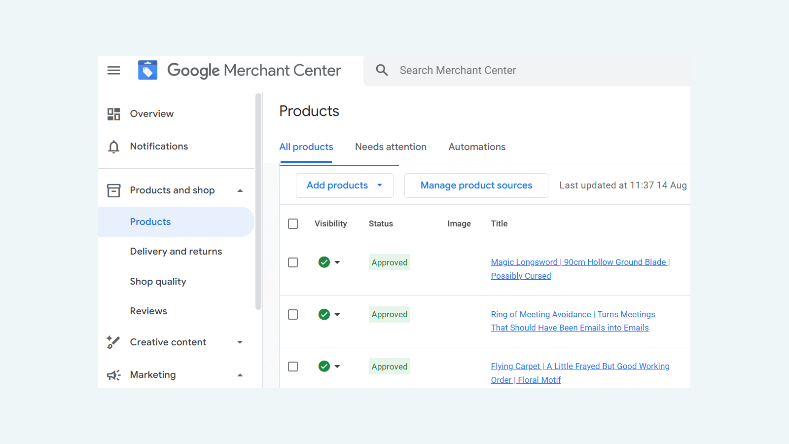 A screenshot from Google Merchant Centre showing products from a fictional business, including a magic sword and a flying carpet.