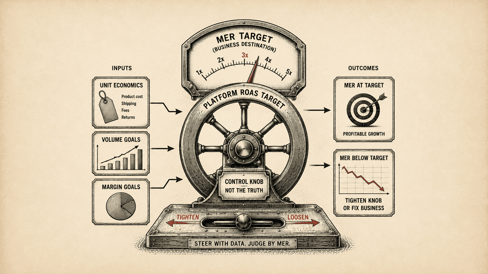 Vintage engraving of a ship's wheel labeled Platform ROAS Target beneath a gauge labeled MER Target reading 3x. Input panels for unit economics, volume goals, and margin goals feed the wheel; outcome panels show MER at target meaning profitable growth, and MER below target meaning tighten the knob or fix the business. A plaque reads control knob, not the truth.