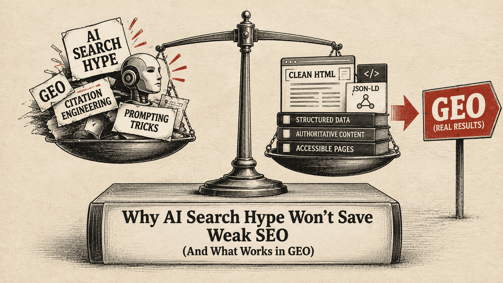 Engraved illustration of a balance scale weighing AI search hype and prompting tricks against clean HTML, structured data, and server-side rendering for GEO
