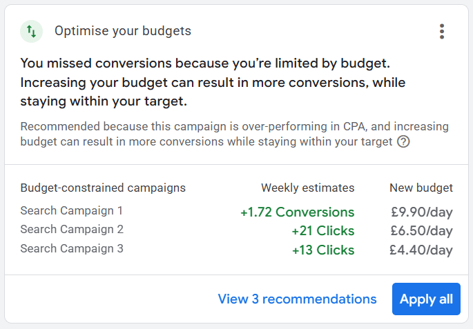 An "Optimise your budgets" recommendation from Google Ads