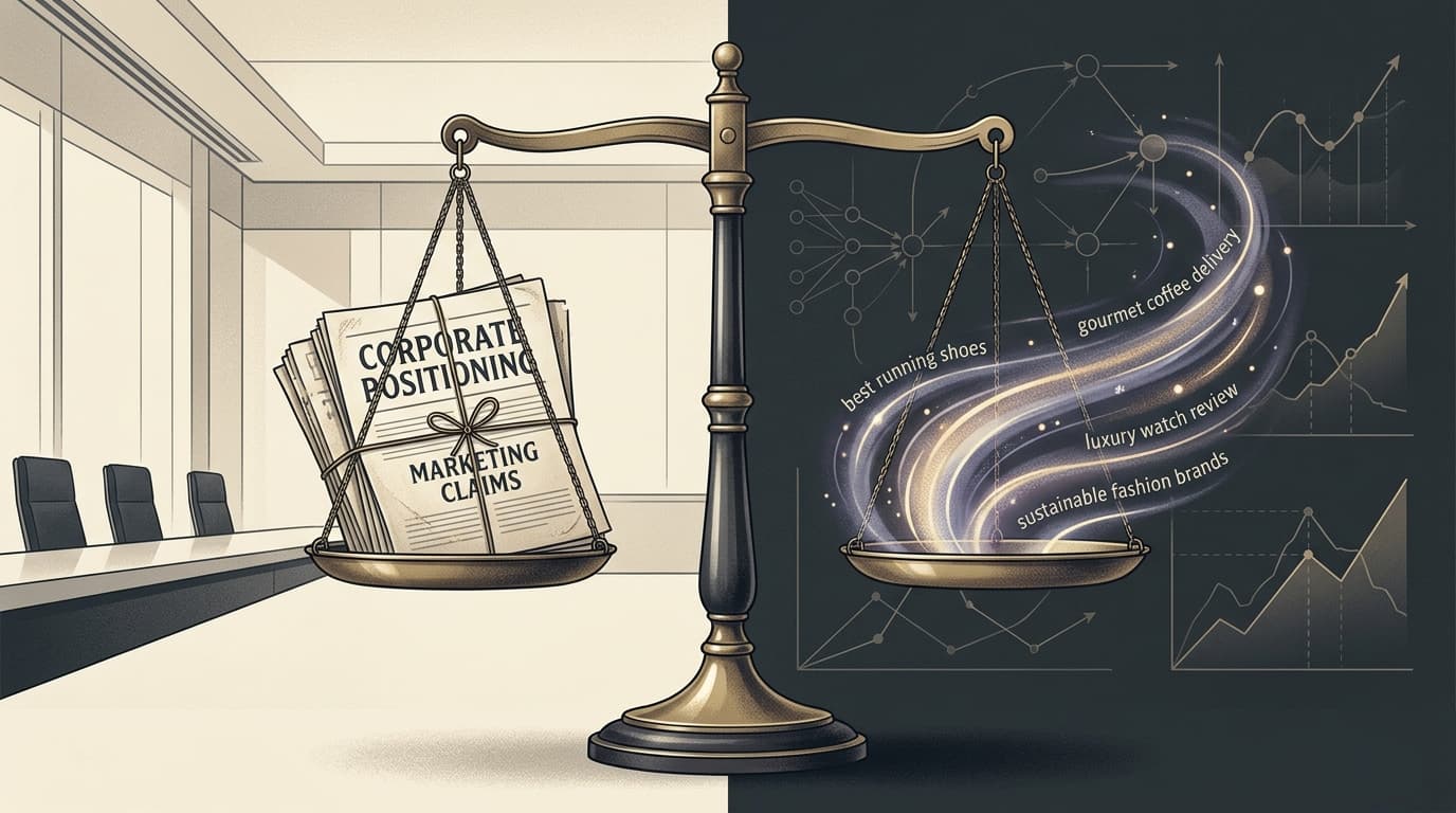 Editorial illustration of a balance scale weighing boardroom corporate positioning against real-time search query intent streams