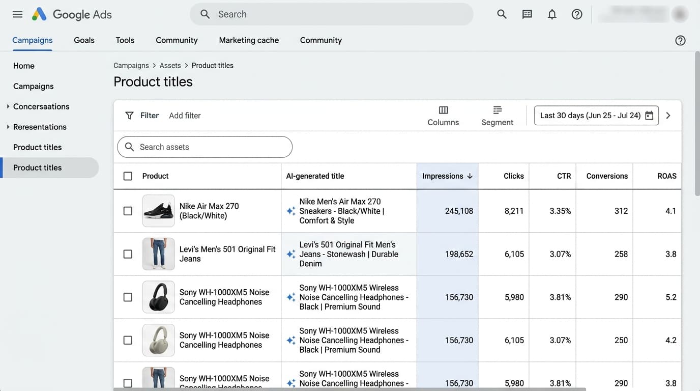 Google Ads AI Max Product Titles Report interface showing original feed titles versus dynamic AI titles with comparative metrics