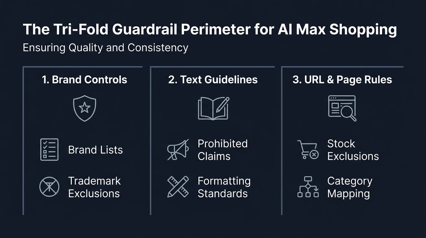 The Tri-Fold Guardrail Perimeter architecture for AI Max Shopping campaigns covering Brand Controls, Text Guidelines, and URL Rules