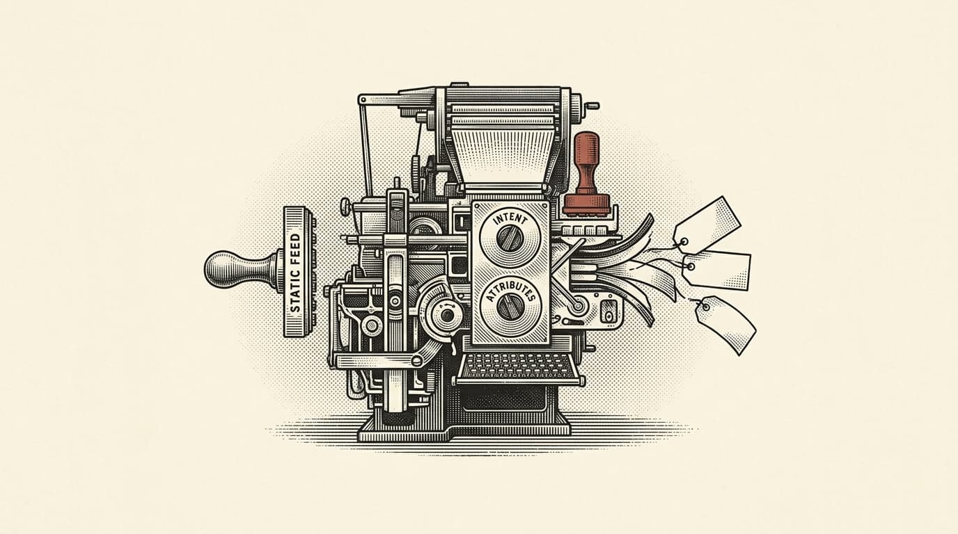 Vintage engraving of a mechanical typesetting engine transforming static feed stamps into dynamic product tags