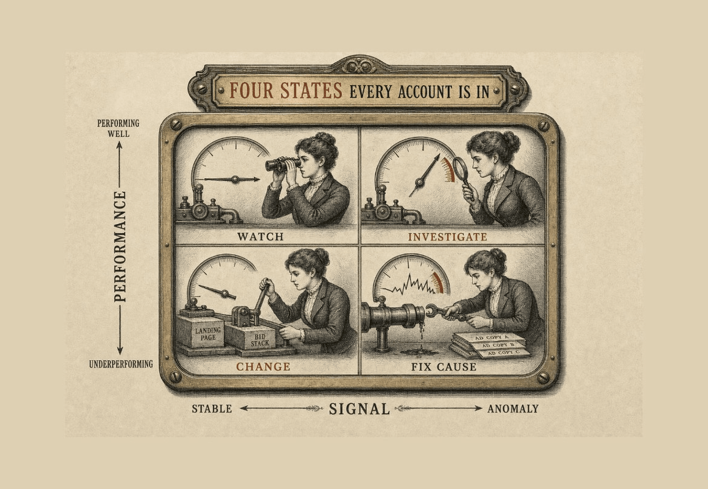 Engraved 2x2 decision matrix showing the Four States of account performance: Watch, Investigate, Change, and Fix Cause