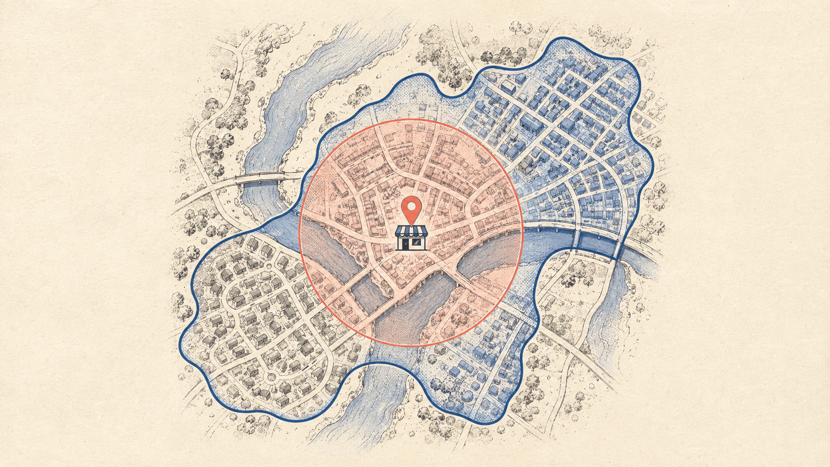 A fixed radius around a shop compared with an irregular postcode catchment shaped by real roads, bridges and accessibility.