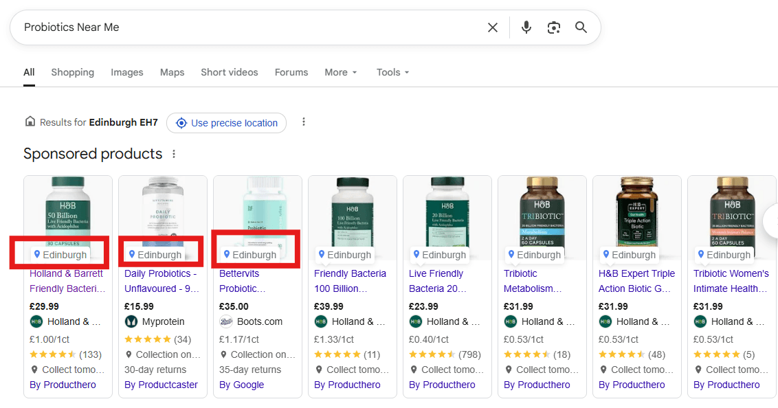 A Google search for probiotics near me showing Local Inventory Ads with Edinburgh location labels beneath sponsored product cards.