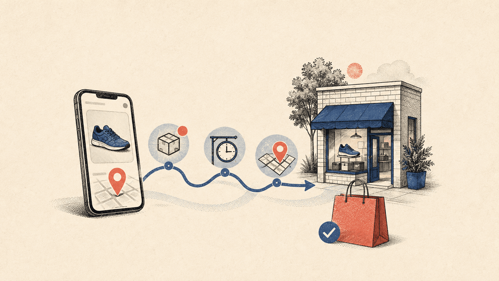 A mobile product search connected through stock, opening-hours and directions signals to a physical shop and completed in-store purchase.