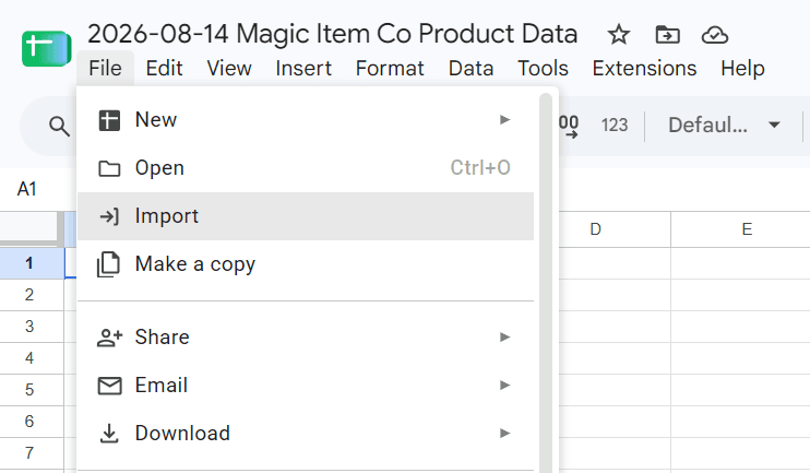 Screenshot of Google Sheets showing the Import option on the File menu