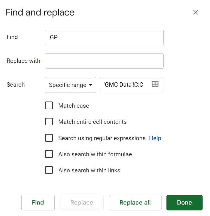 The Find/Replace dialog box, showing replacing the currency with nothing