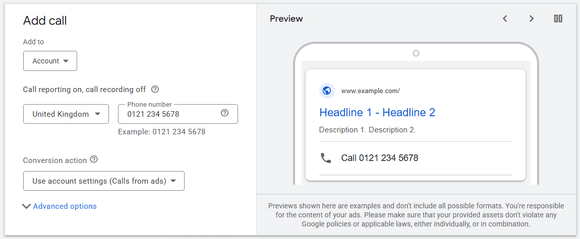 Screenshot showing how to add a call asset in Google Ads