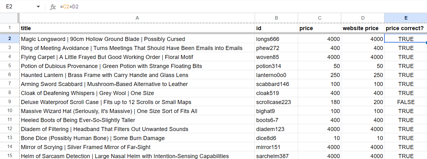 A spreadsheet with the =cell1=cell2 used to compare values. If the values are the same, it returns TRUE.