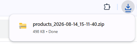 A browser popup showing that a .zip file of product data has been downloaded