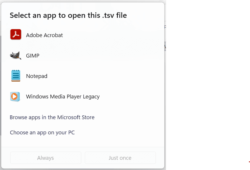 A dialog box that shows Adobe Acrobat and other programs that aren't useful for opening a spreadsheet