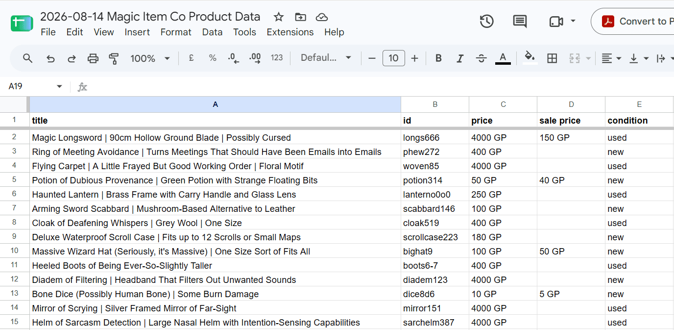 An example spreadsheet of product data, for "Magic Item Co"