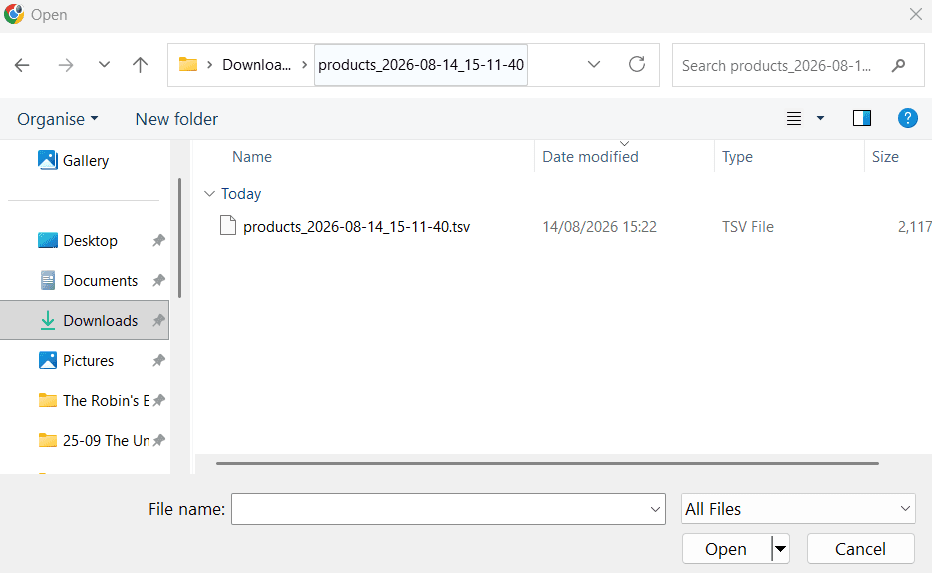 A dialog box showing the selection screen for navigating to and opening a file. "All Files" is slected to make the TSV appear.