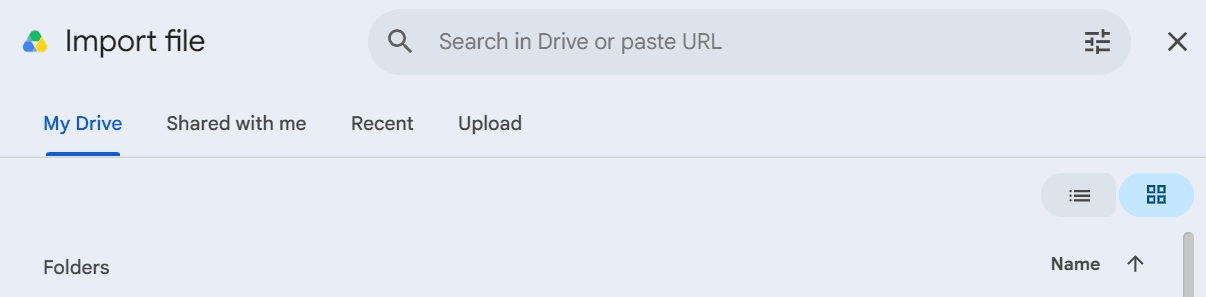 Dialog box showing various import options, including "Upload"