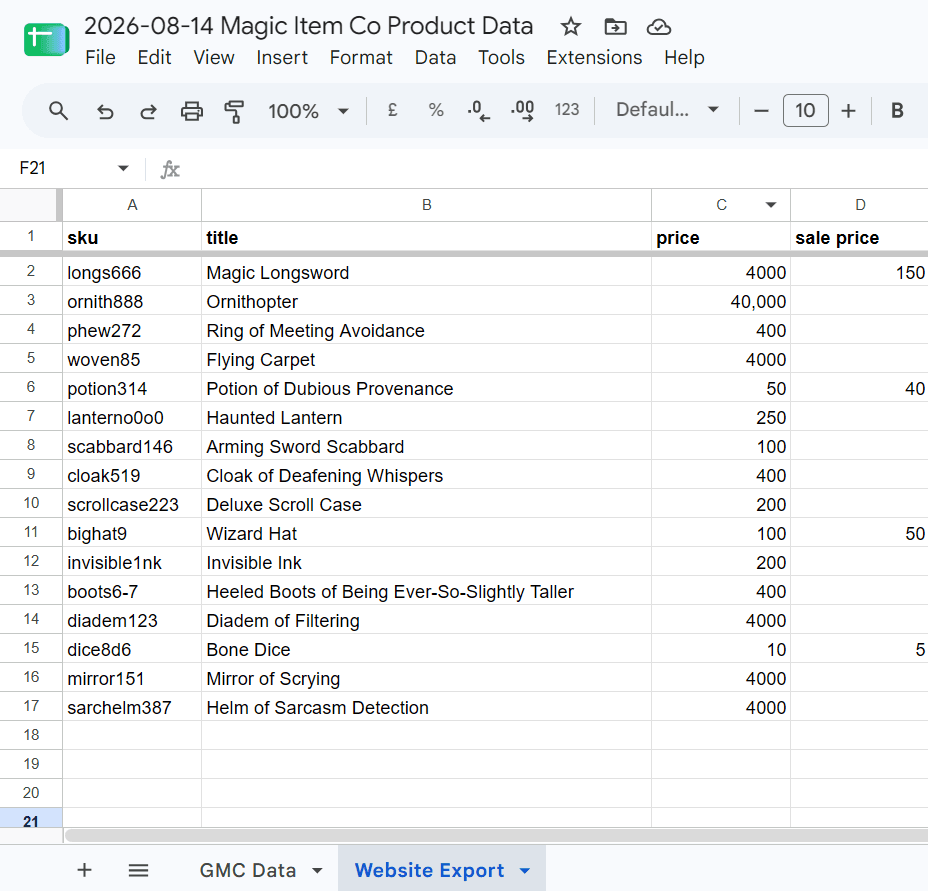 A spreadsheet of poduct data from a website export