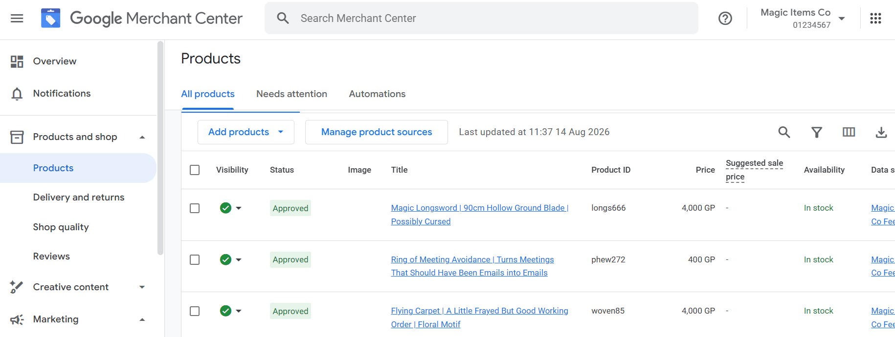 The products section in Google Merchant Centre, showing a table of products with status, title, product ID, etc.