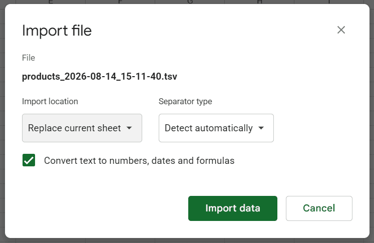 A dialog box with options for where to put the data. It has "Replace current sheet" selected.