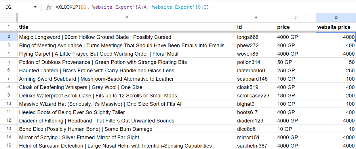 A spreadsheet showing a correctly implemented XLOOKUP formula