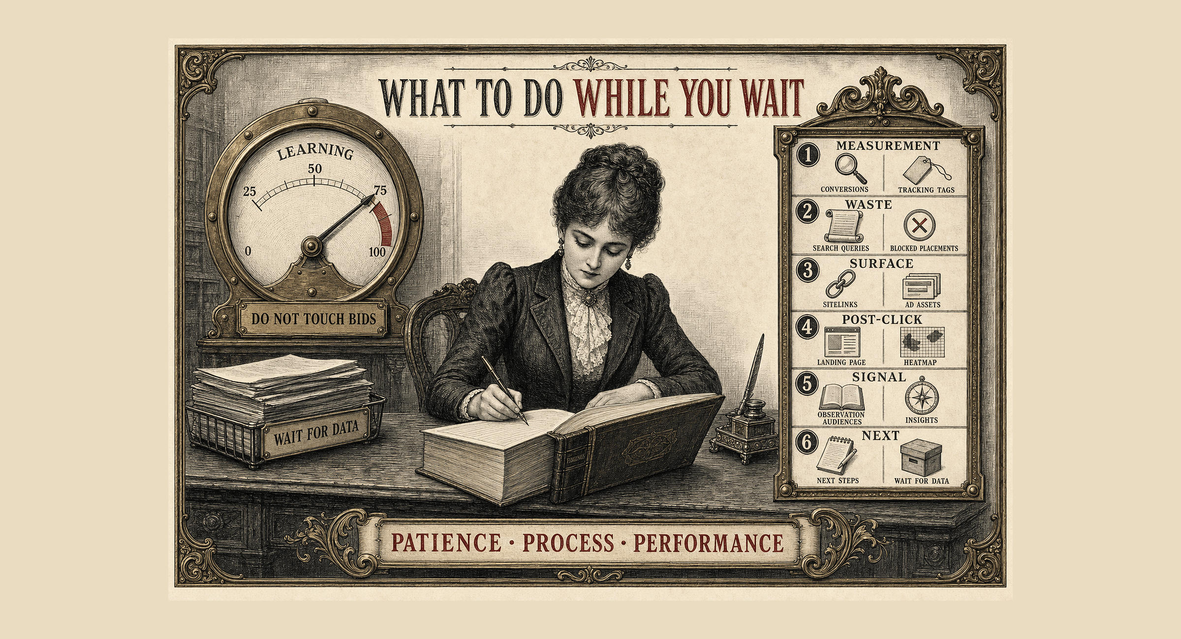 Engraved illustration of a media buyer reviewing account checklists beside a Smart Bidding learning gauge